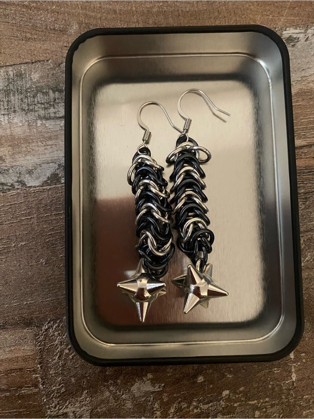 Handmade Chainmail Black & Silver Star Dangle Earrings